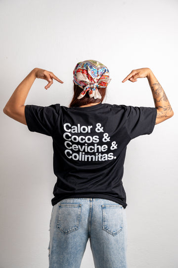 PLAYERA NEGRA BSCS CALOR COCOS CEVICHE Y COLIMITAS
