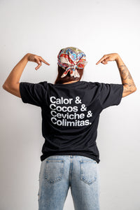 PLAYERA NEGRA BSCS CALOR COCOS CEVICHE Y COLIMITAS