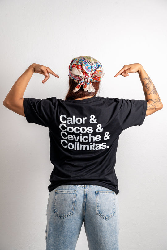 PLAYERA NEGRA BSCS CALOR COCOS CEVICHE Y COLIMITAS