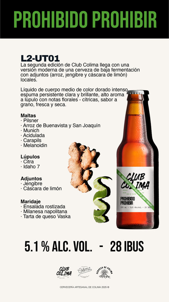 12 PACK PROHIBIDO PROHIBIR CLUB COLIMA PRE PROHIBITION LAGER BOTELLA 355 ML